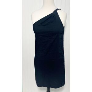 Theory Melly Linen Blend One Shoulder Ruched Cocktail Mini‎ Dress Black Size 4